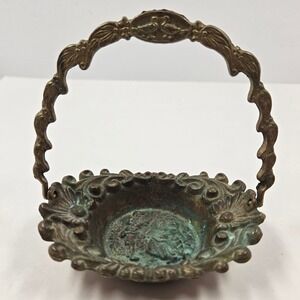 Vintage Solid Bronze Basket Ornate Victorian Bird Handle Trinket Dish